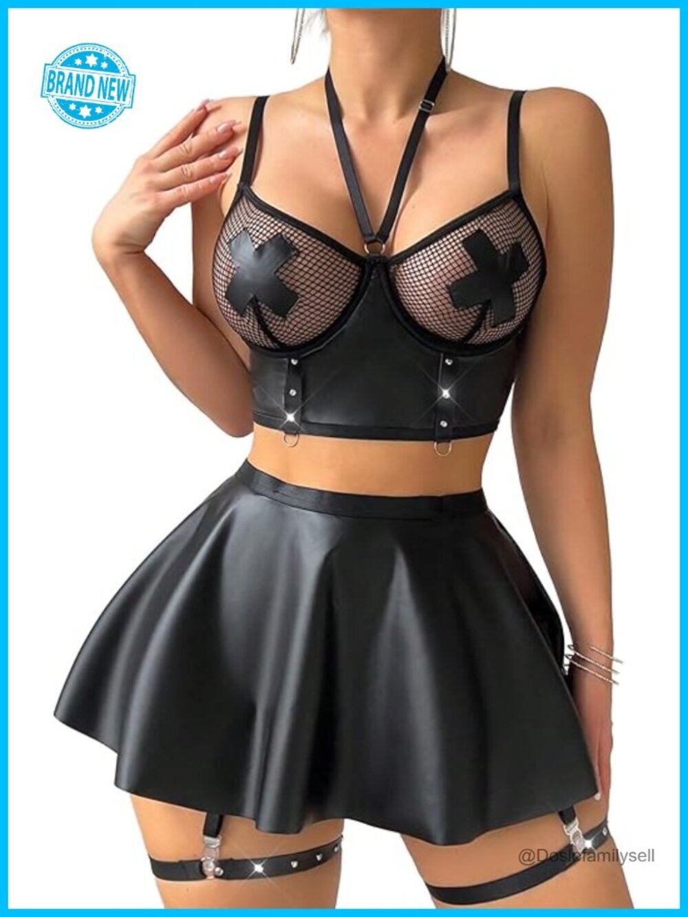 Sexy Lingerie Set PU Leather & Fishnet Patchwork Mini Skirt With Garter Belts